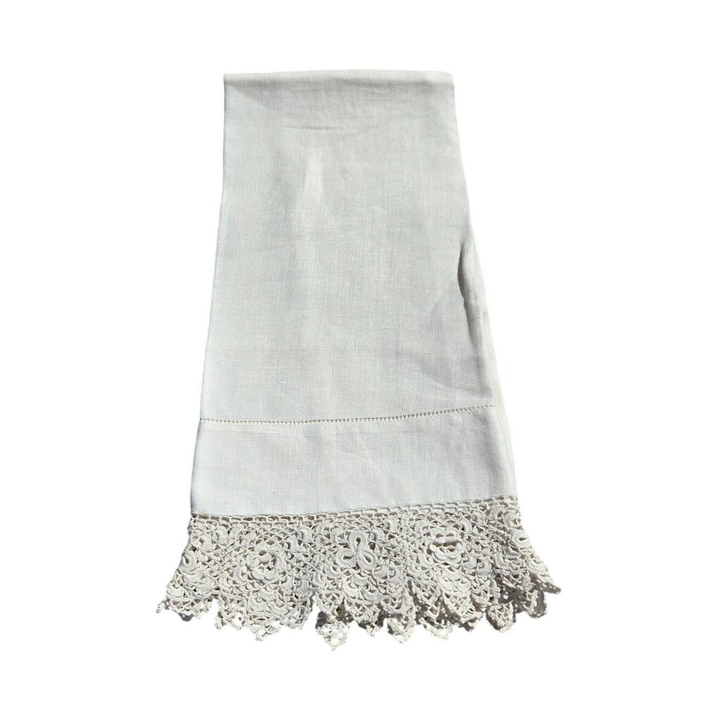 Antique Ivory Linen Miniature 20"x11" Pillowcase Hand Crotched Lace Trim SEE